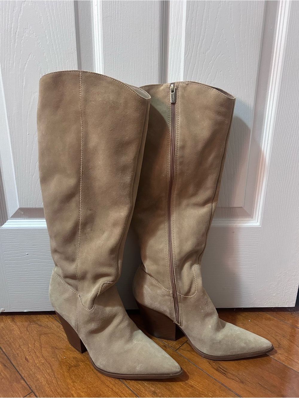 Vince Camuto Taupe Suede Knee-High Pointed-Toe Boots